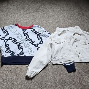 Fila Crop Sweatshirt And White Denim Jacket With Tassles
